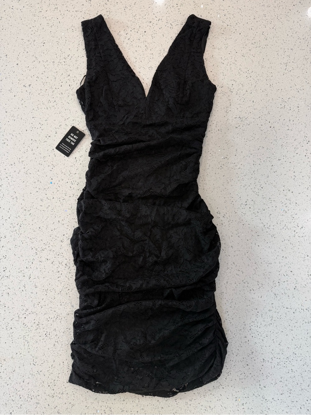 Express Black Lace Ruched V-Neck Mini Dress
